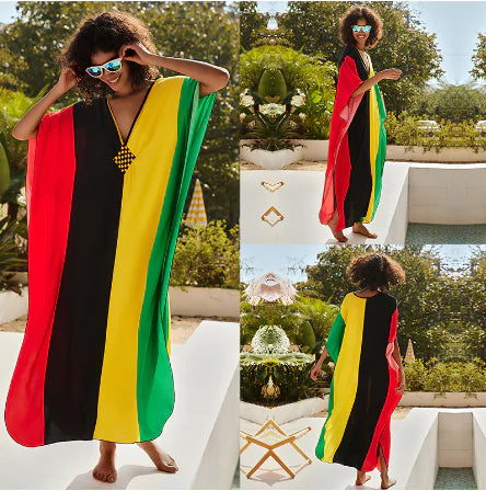Plus Size Color Block Long Dress with Vintage Style